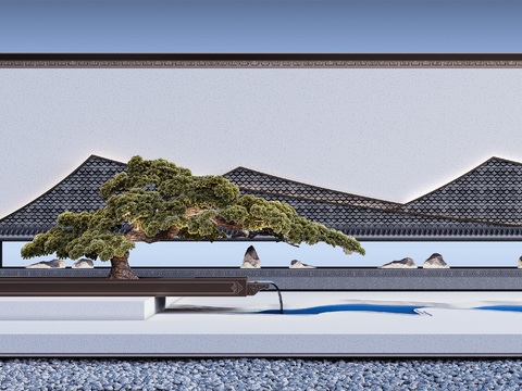  新中式松树枯山水假山小品3d模型 