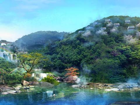  现代山间流水瀑布园林景观psd 