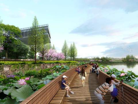  现代公园游湖栈道景观psd 