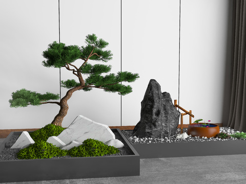  新中式假山松树景观小品3d模型 