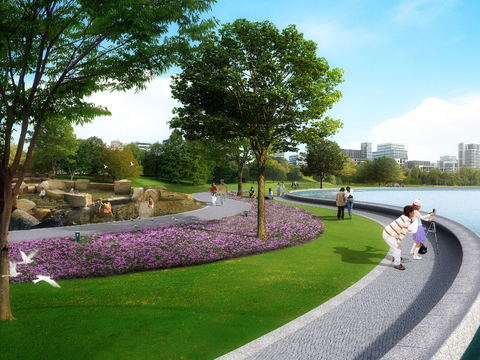  现代湖边公园景观psd 