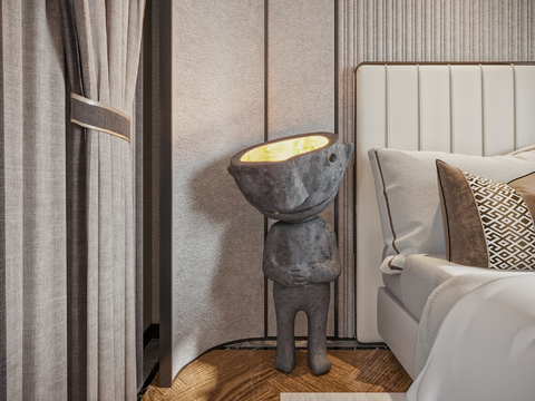  现代卧室抽象人形落地灯3d模型下载 温暖氛围装饰灯具 条纹墙壁简约设计 