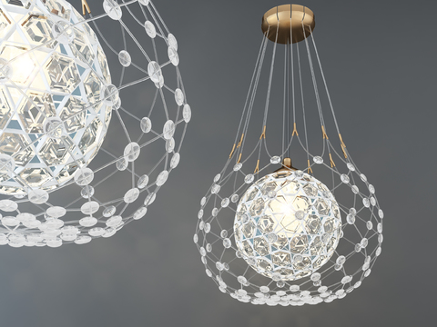  现代水晶球体吊灯3d模型下载 几何网格金属框架装饰灯 轻奢室内灯具设计 