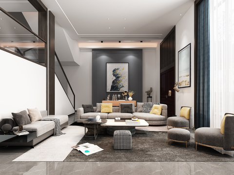  现代别墅大堂餐厅3d模型 