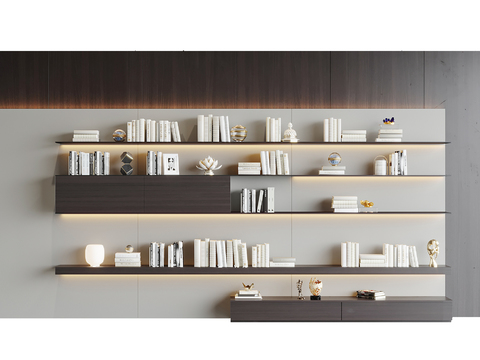  现代简约壁挂书架吊柜3d模型下载 开放式置物架设计 深木色装饰收纳架 室内空间布局 