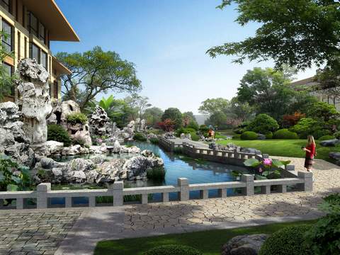  新中式园林景观psd 