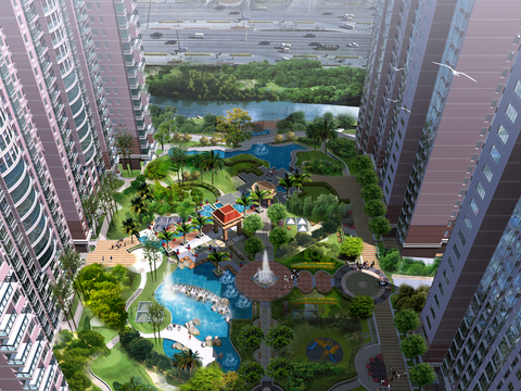  现代小区中庭外观psd 