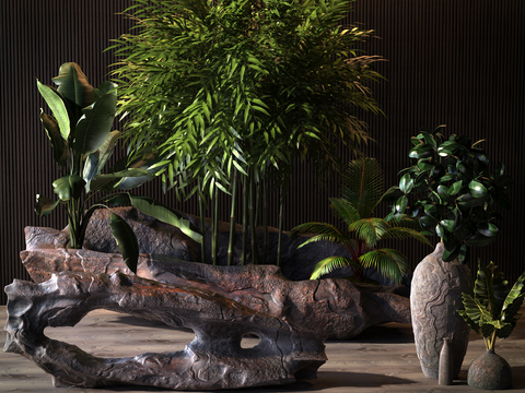  新中式竹子石头园艺小品3d模型 