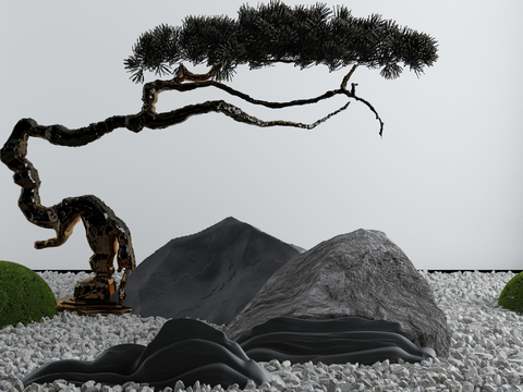  新中式松树枯山水景观小品3d模型 