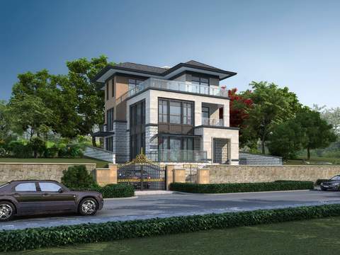  新中式建筑外观园林景观psd 