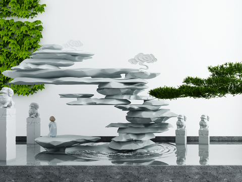  新中式假山水景园艺小品3d模型 