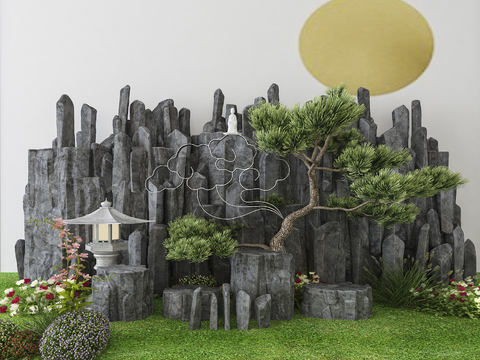  现代假山绿植景观小品3d模型 