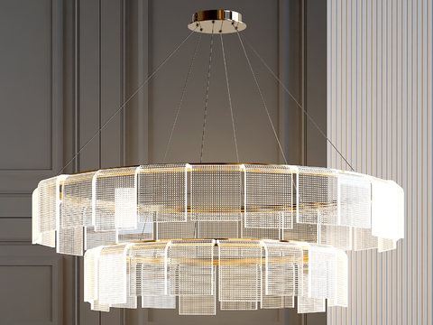  现代轻奢双层水晶吊灯3d模型下载 金属网格极简设计 客厅卧室餐厅装饰灯具 