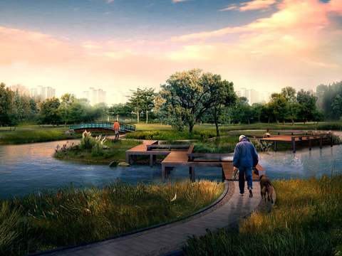  现代湿地公园廊桥景观psd 