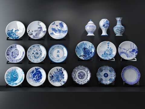  新中式山水碟画陶瓷摆件3d模型 