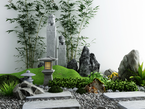  新中式假石头竹子景观小品3d模型 