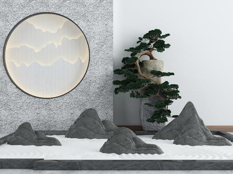  新中式假山松树景观小品3d模型 