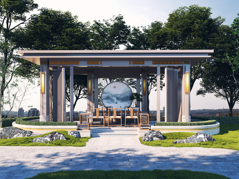  新中式凉亭廊架3d模型 