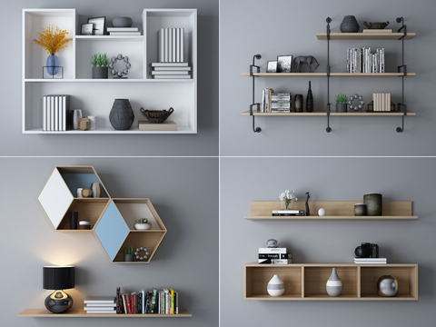  现代壁挂式书架装饰摆件3d模型下载 简约几何设计客厅书房装饰品 