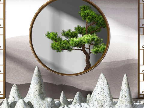  新中式假山松树小品3d模型 