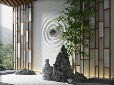  新中式假山竹子小景3D模型 