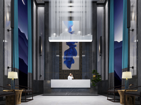  新中式酒店前台大厅3d模型 