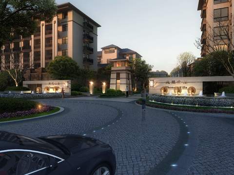  现代凤凰山庄大门入口夜景psd 