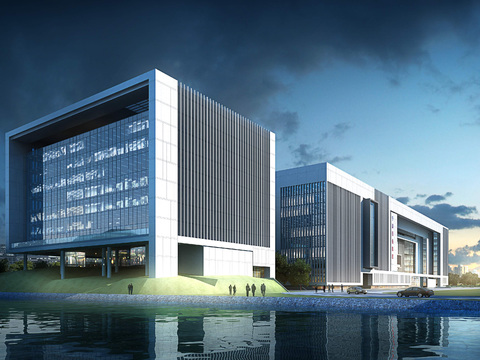  现代办公楼建筑外观夜景psd 