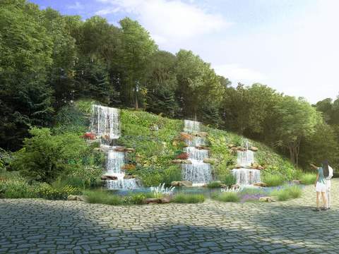  现代山间流水园林景观psd 