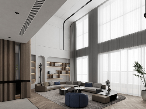  现代挑高别墅客厅餐厅3d模型 