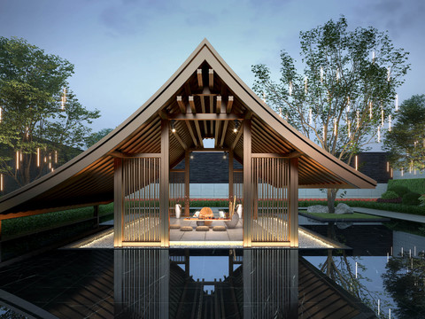  新中式凉亭庭院景观3d模型 