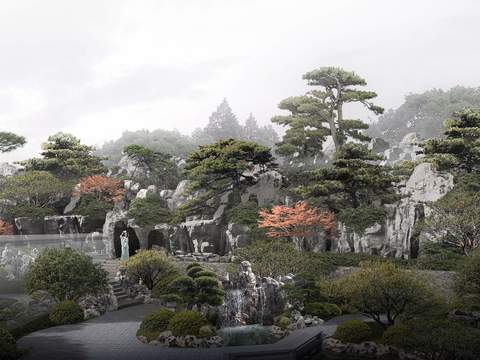  现代山间流水园林景观psd 