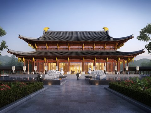  中式博物馆外观psd 