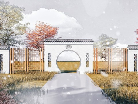  新中式月洞门景观墙3d模型 