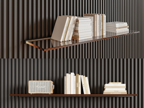  现代极简壁挂玻璃书架3d模型下载 双层木质置物架 家居装饰吊柜设计 