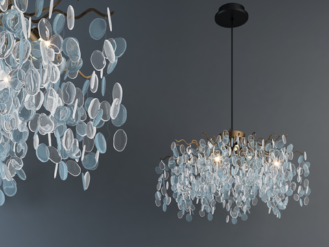  现代金属水晶吊灯3d模型下载 客厅餐厅装饰灯具 圆形玻璃吊顶灯 轻奢室内设计灯饰 