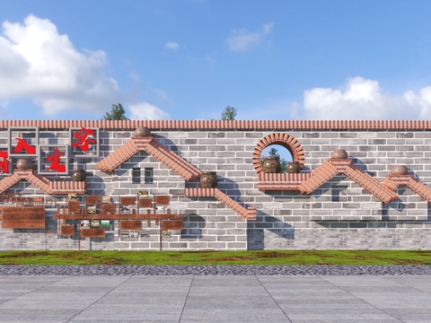  新中式围墙 乡村景墙3d模型 