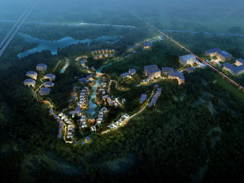  山体别墅夜景鸟瞰psd 