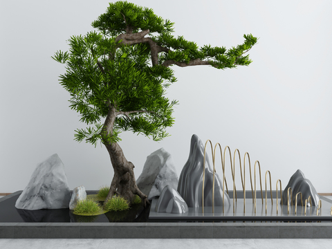  新中式松树石头小品3d模型 