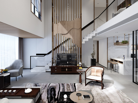  新中式轻奢别墅大堂餐厅3d模型 