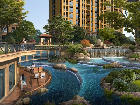  现代小区公园水池景观psd 