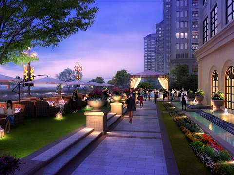  现代住宅庭院园林夜景景观psd 