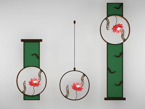  新中式禅意佛手荷花吊灯壁灯组合3d模型下载 传统竹艺莲花灯饰 东方风格家居装饰灯 