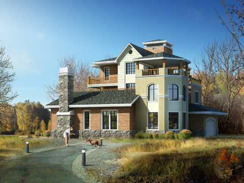  欧式独栋别墅外观psd 