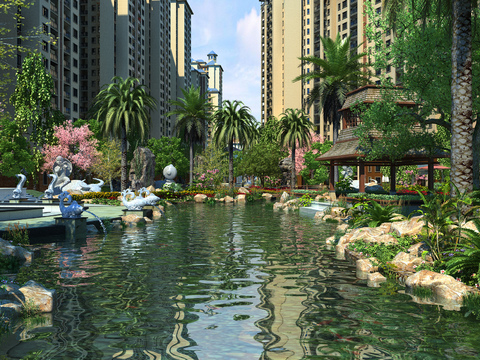  现代小区园林景观3d模型 