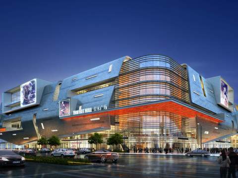  现代商业广场建筑外观夜景psd 