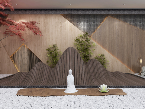  新中式室内假山植物景观小品3d模型 