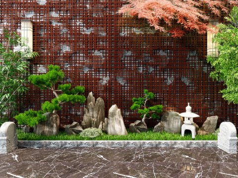  新中式假山绿植景观小品3d模型 