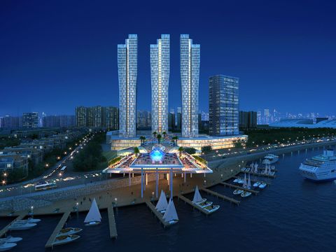  现代办公楼外观鸟瞰夜景psd 