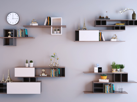  现代实木壁柜3d模型下载 极简层叠书架设计 多功能家居装饰储物壁柜 